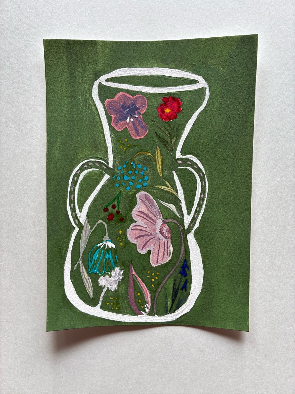 Original Watercolor Floral Vase in Green
